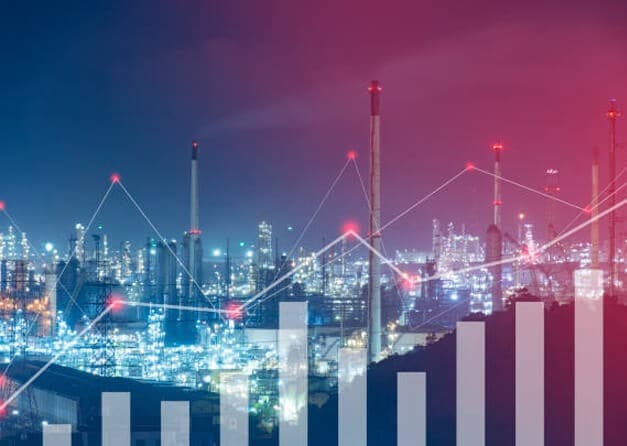 A nighttime view of an oil refinery with superimposed graphs and charts showing growth and trends.